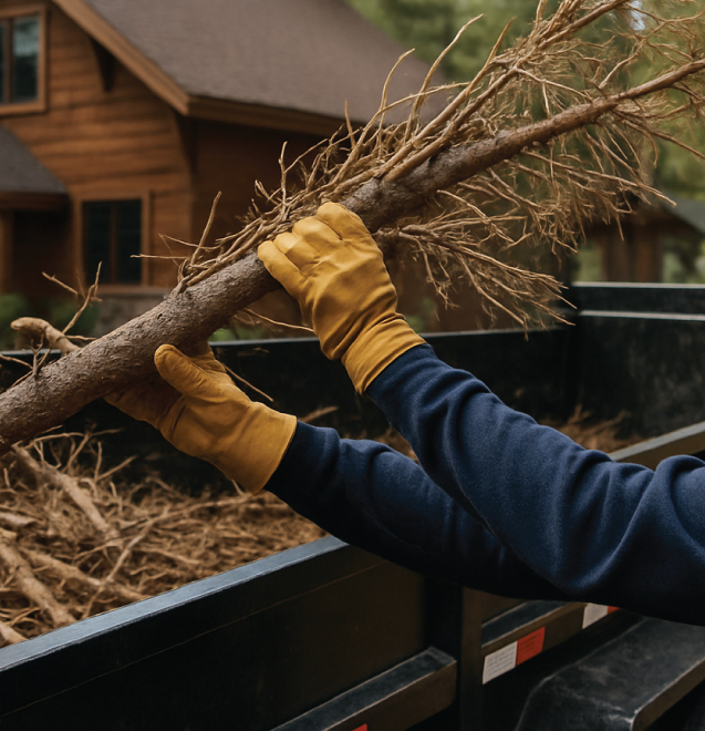 Employee removing old tree debris from property in Truckee, Calfornia. 
